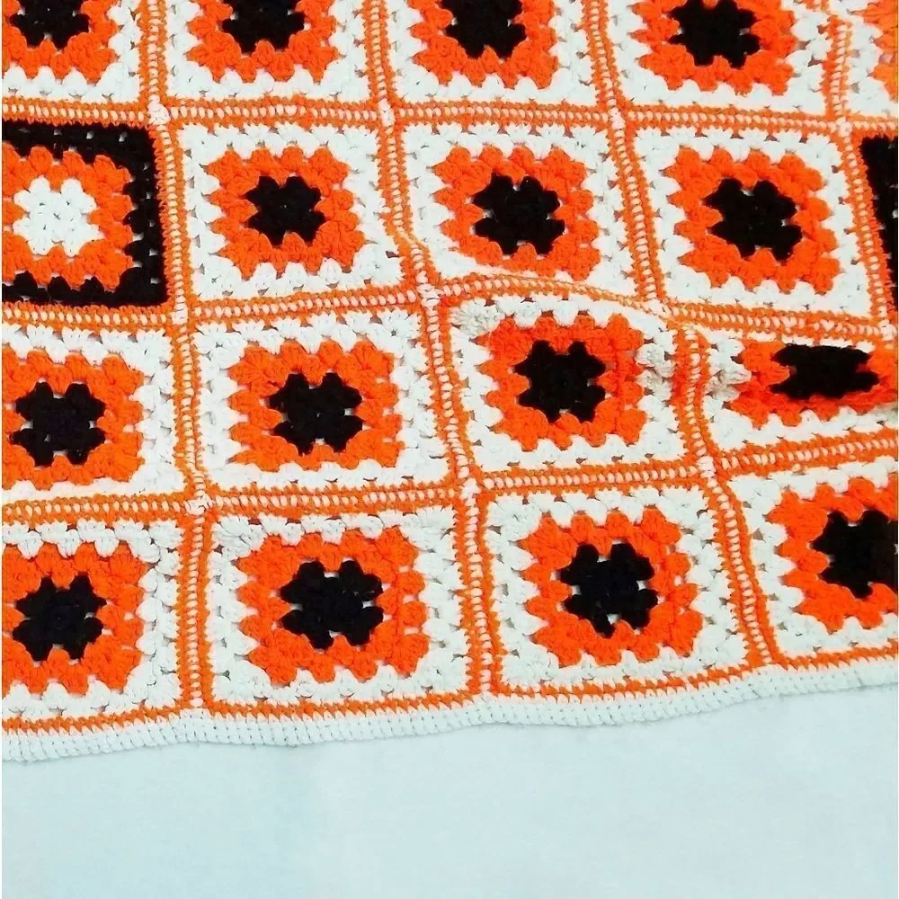 VINTAGE Granny Square Handmade Orange Afghan Throw